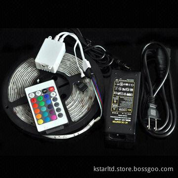 SMD 50560 RGB LED strip light set, 5m/roll, with remote and power adapter, blister pack